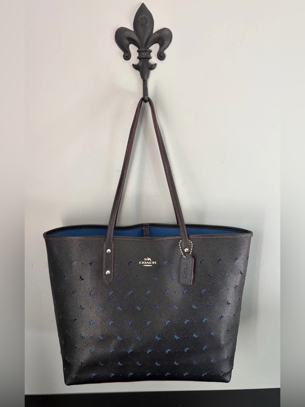 COACH City Tote Bag Perforated Butterfly Cut Out/ Black Leather / Blue Interior
